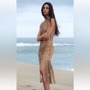 ZARA MESH DRESS WITH FRINGE BROWN SZ L